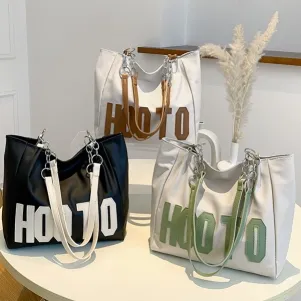 Letter Patch Decor Chain Shoulder Hooto Tote Bag